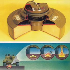 Рисунок 2. Кумулятивно-фугасная мина ТМ-89. Сверху мина ТМ-89 в разрезе, снизу схема срабатывания ТМ-89
