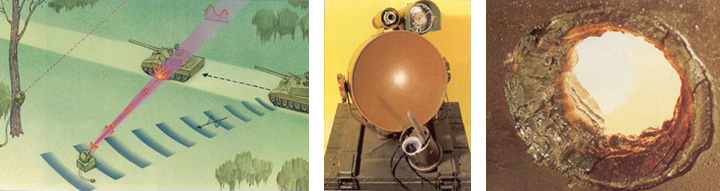 Рисунок 3. Мина ТМ-83. Слева направо: вид ТМ-83, применение мины и результат ёе применения